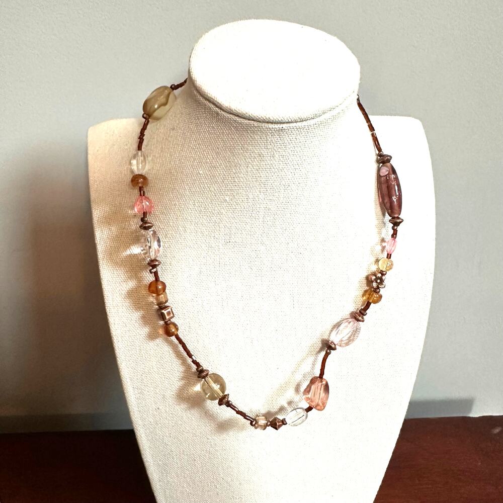 Lia Sophia Beaded Necklace Casual Boho Bronze Clear Pink Brown Bead Boho Jewelry